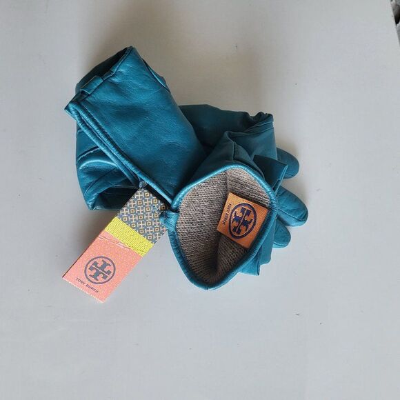 Tory Burch Women's Teal Green Leather Bow Pleated Gloves Size 6.5 - Picture 7 of 10